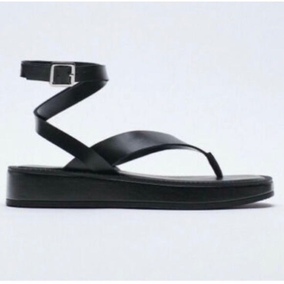 Zara Black Leather Sandal Ankle Strap Thong Size 9.5